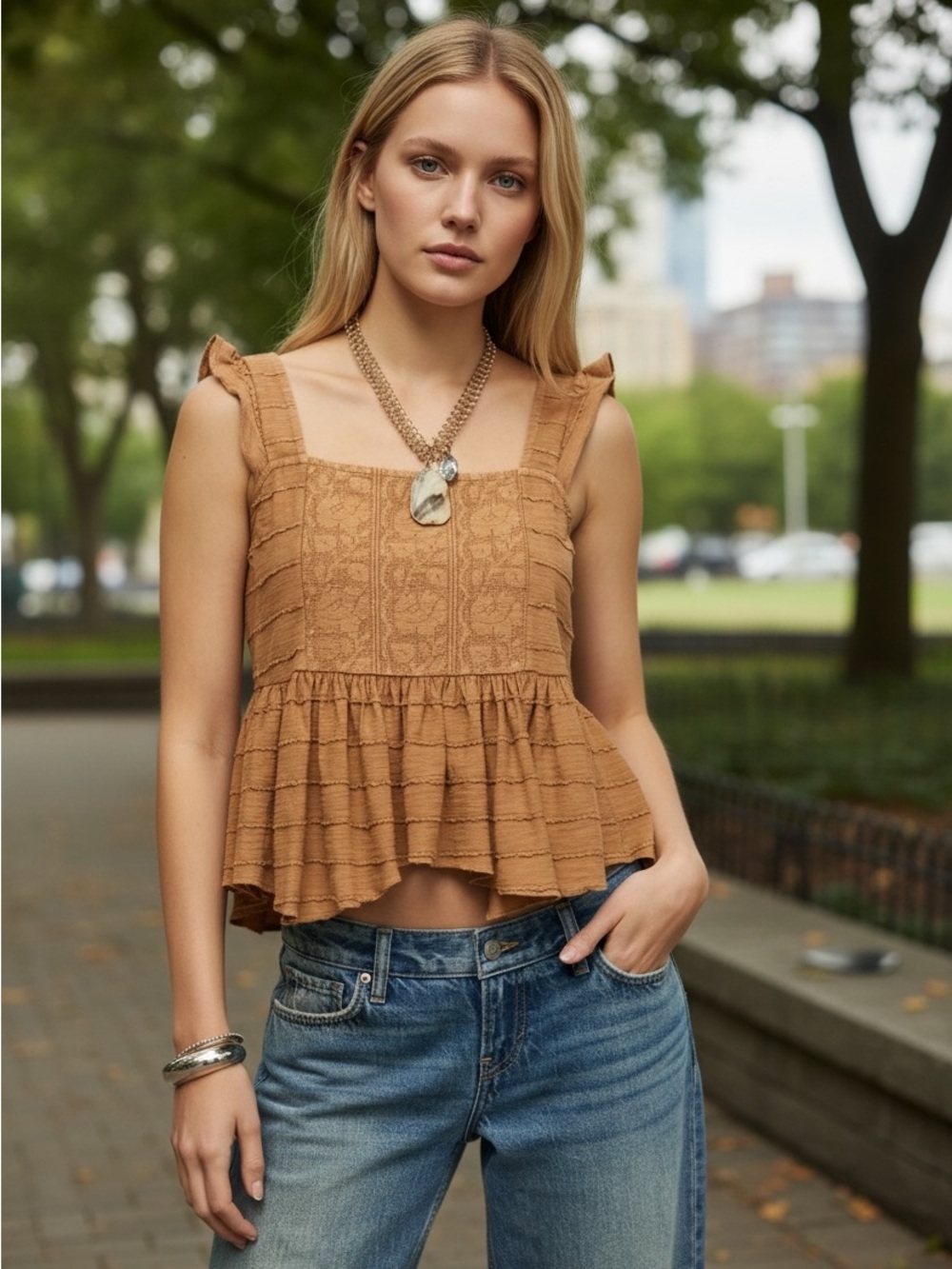Lucky Brand Embroidered Flutter Sleeve Peplum Top NWT Medium Brown Tie Back
